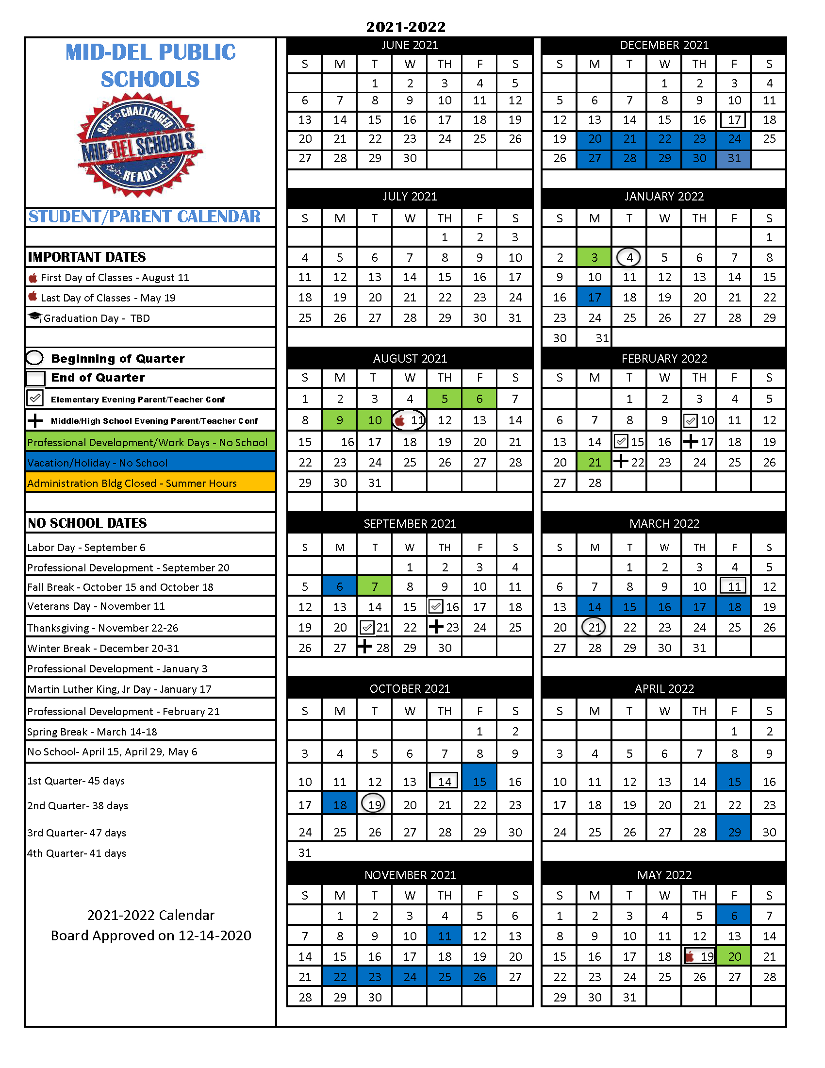 2021-2022 School Calendar | Mid-Del School District