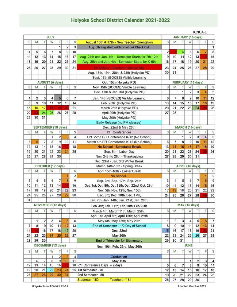 2021 - 2022 School Calendar Released | Holyoke School District