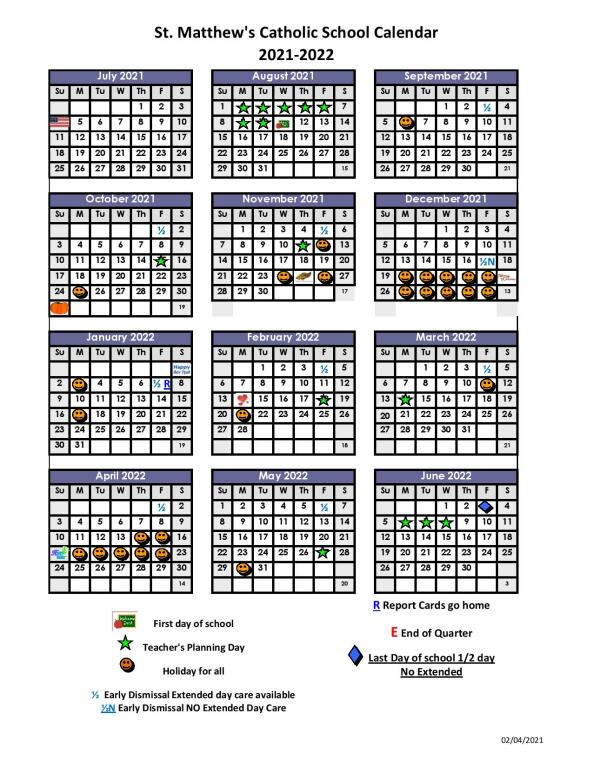 2021-2022 School Calendar | St. Matthew Catholic School