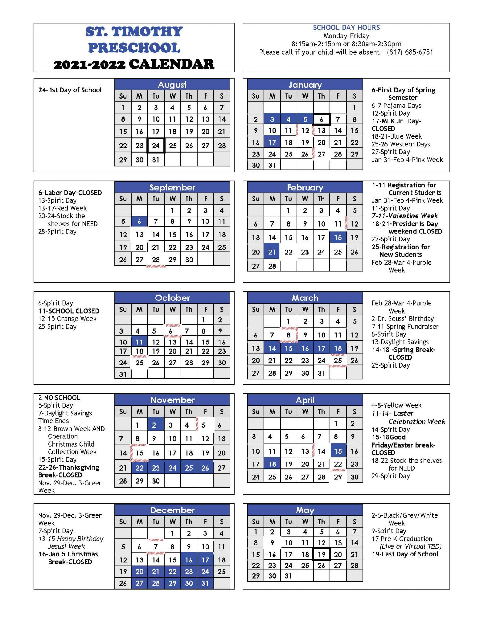 2021 - 2022 School Year Calendar - St. Timothy Preschool