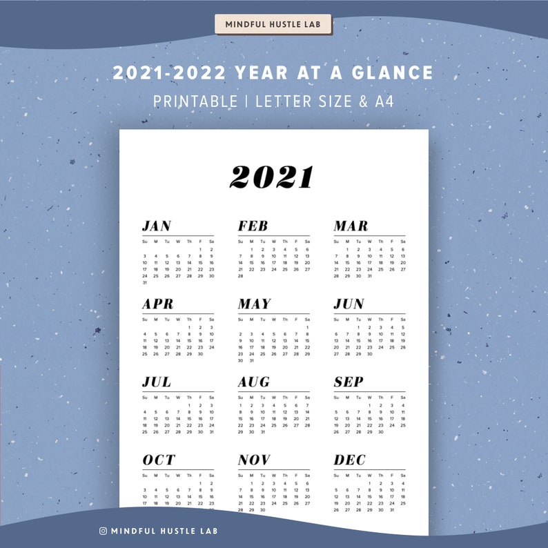2021-2022 Year At A Glance Calendar Printable Yearly