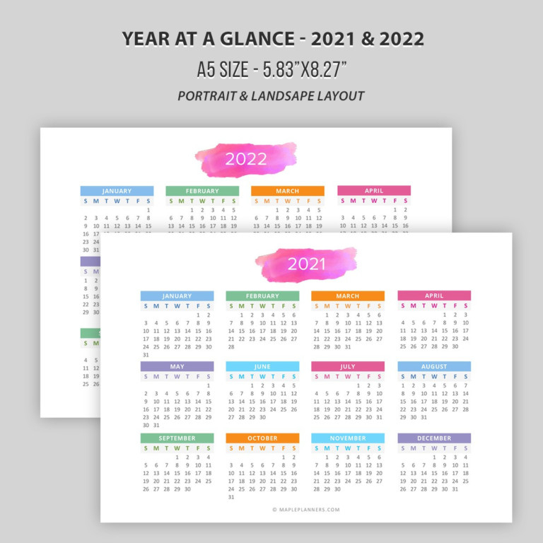 2021 2022 Year At A Glance In A5 Size Yearly Calendar
