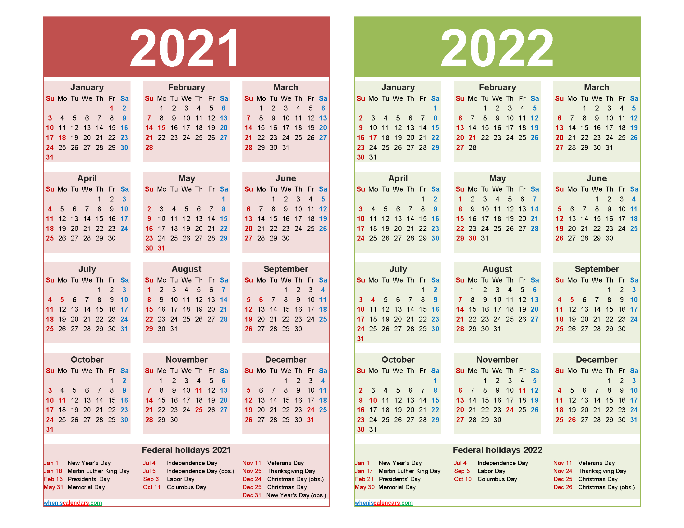 2021 And 2022 Calendar Printable With Holidays Word, Pdf