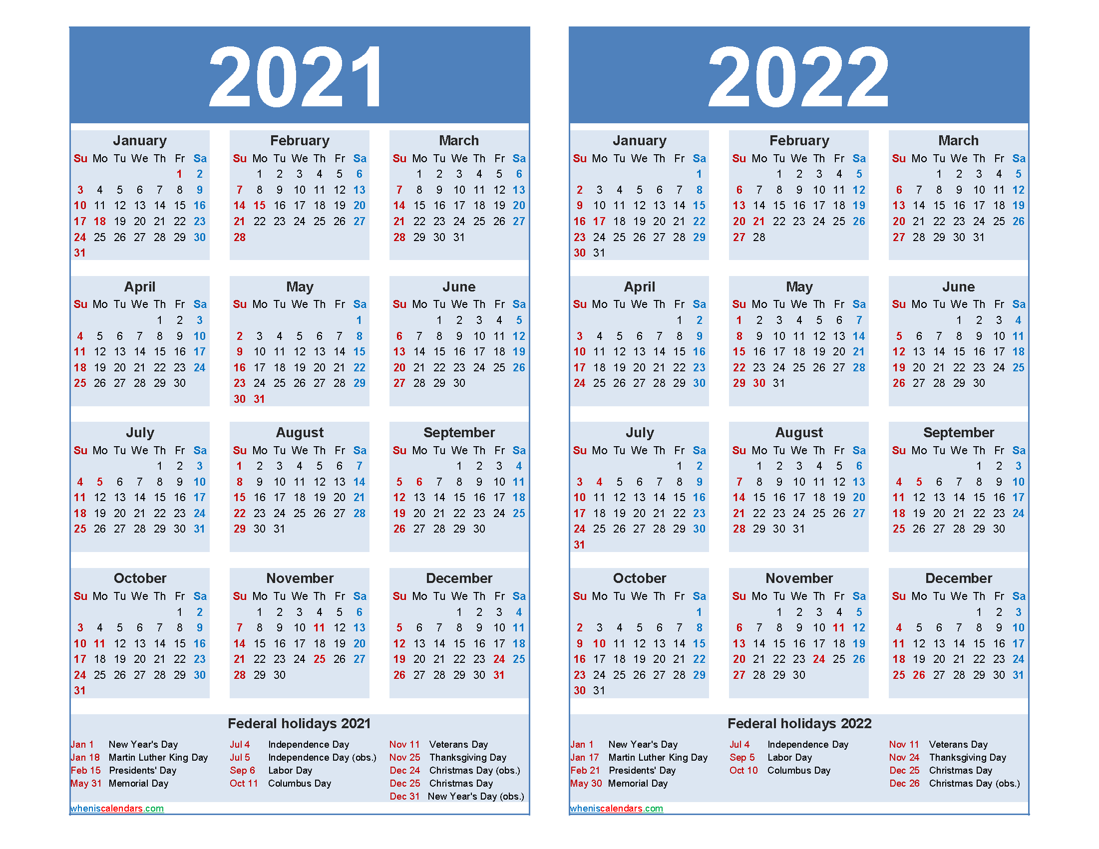 2021 And 2022 Calendar Printable With Holidays