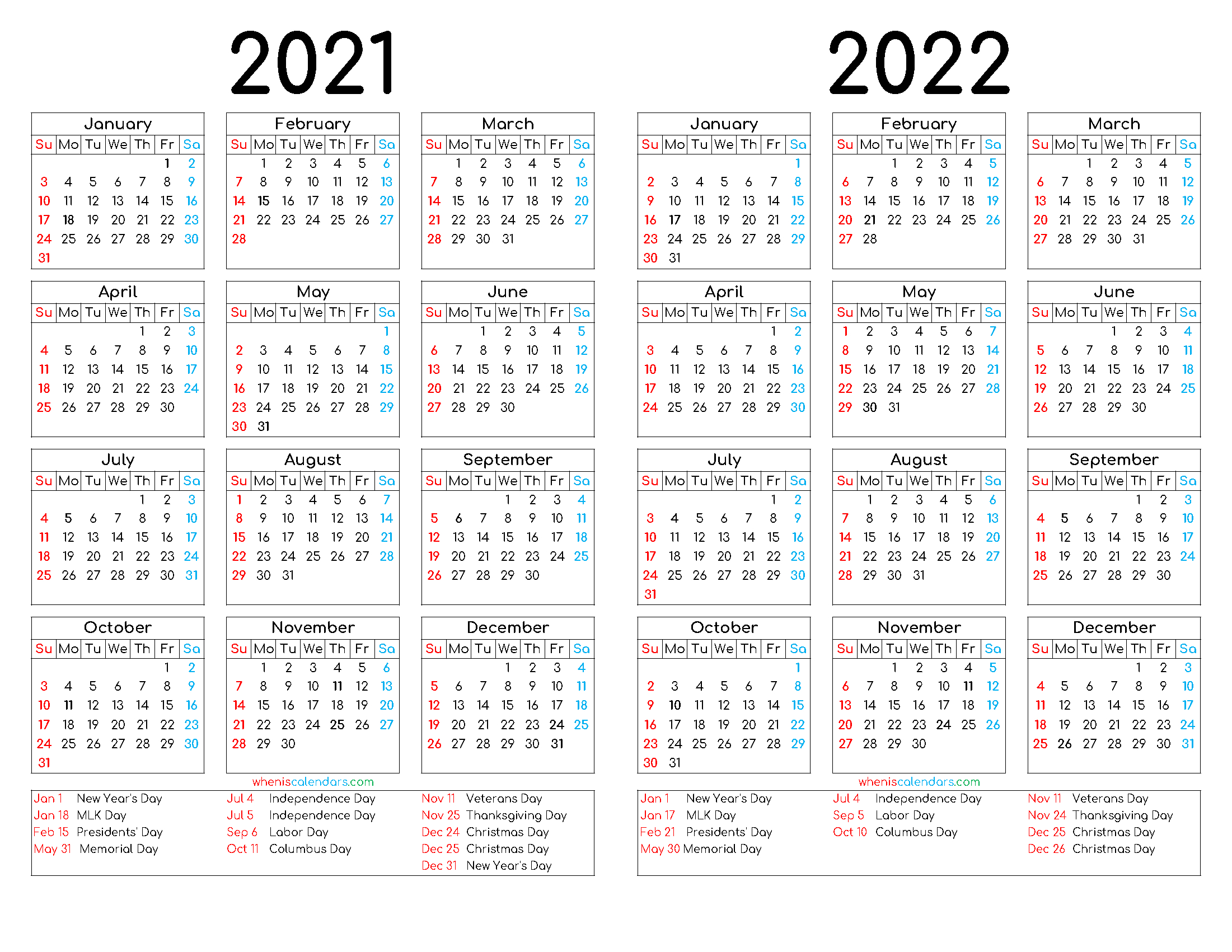 2021 And 2022 Calendar With Holidays - Deholy