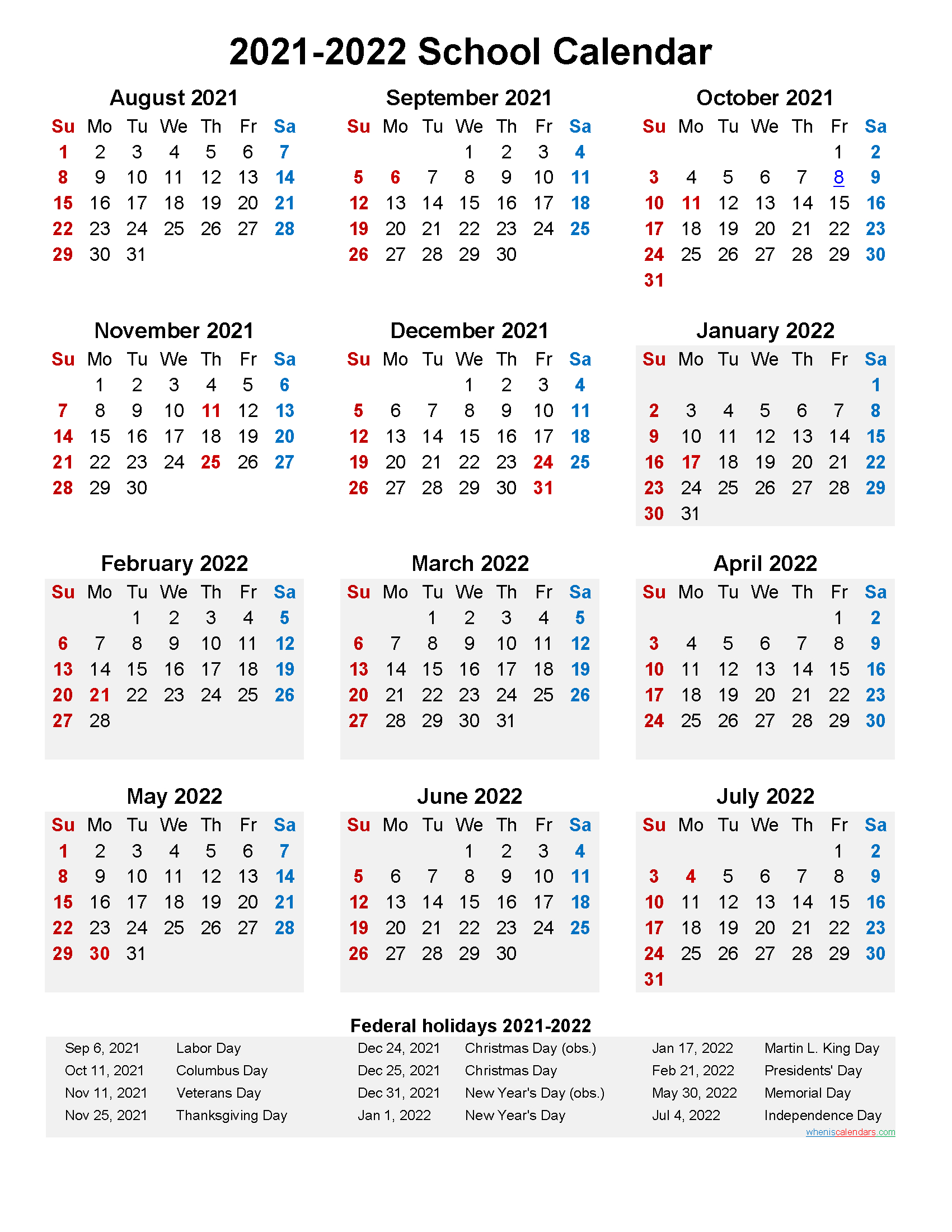 2021 And 2022 School Calendar Printable (Portrait