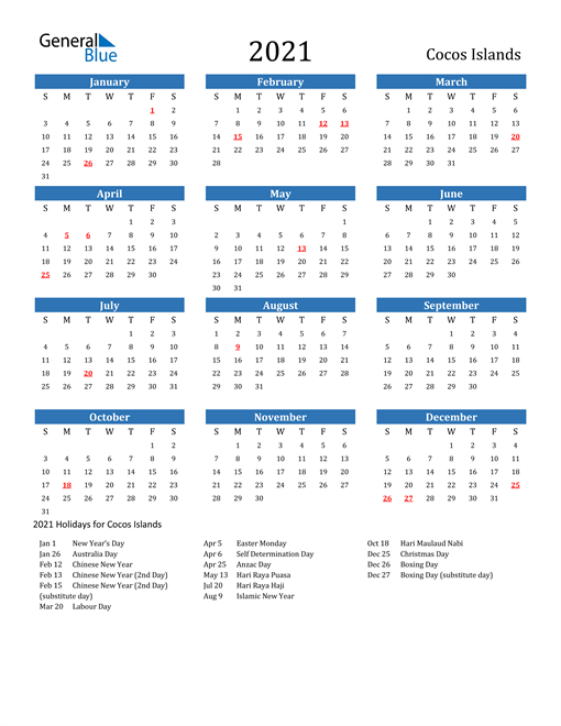 2021 Calendar - Cocos Islands With Holidays