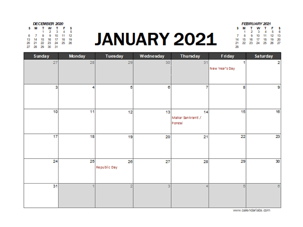 2021 Calendar Planner India Excel - Free Printable Templates
