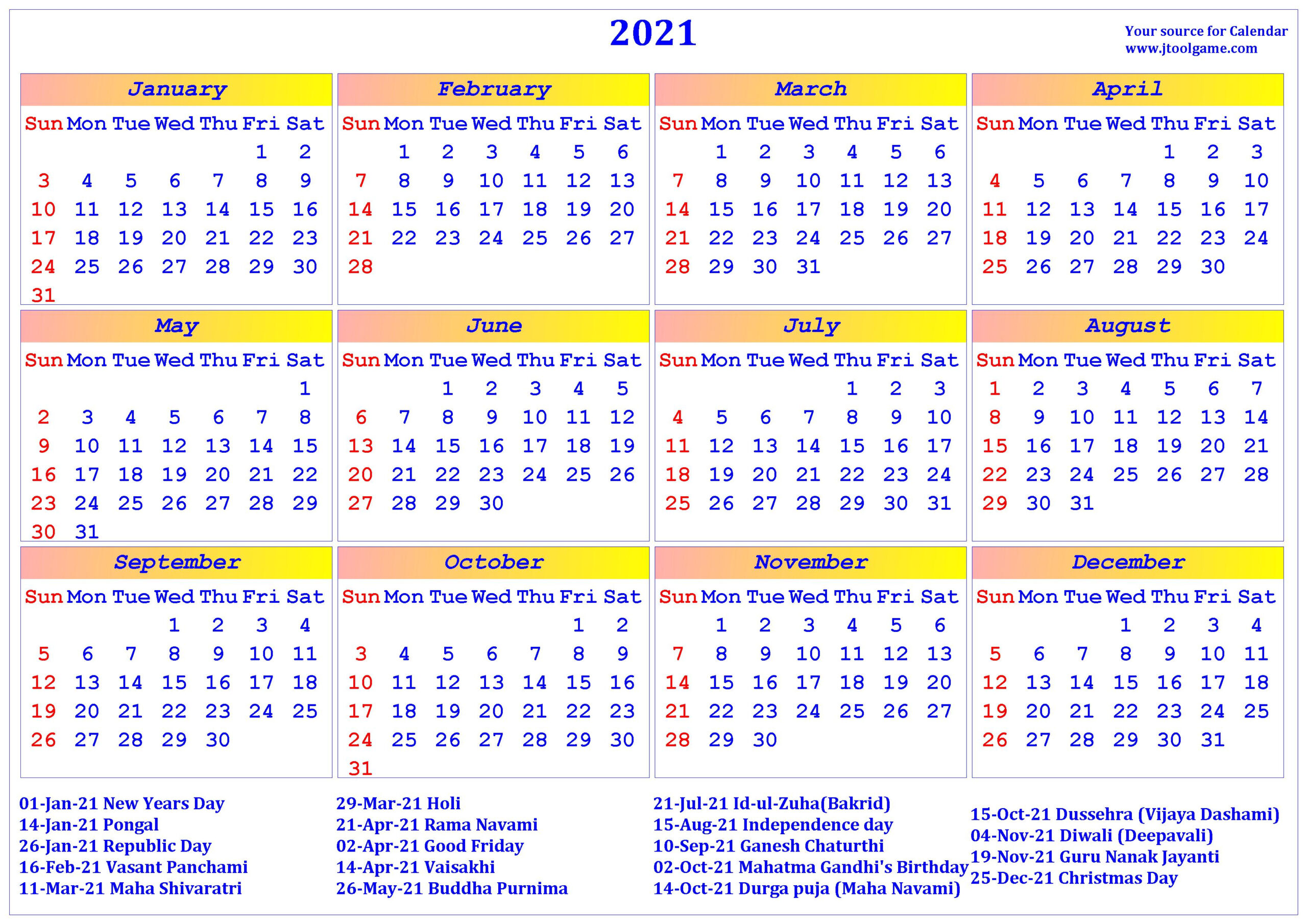 2021 Calendar - Printable Calendar With India Holidays