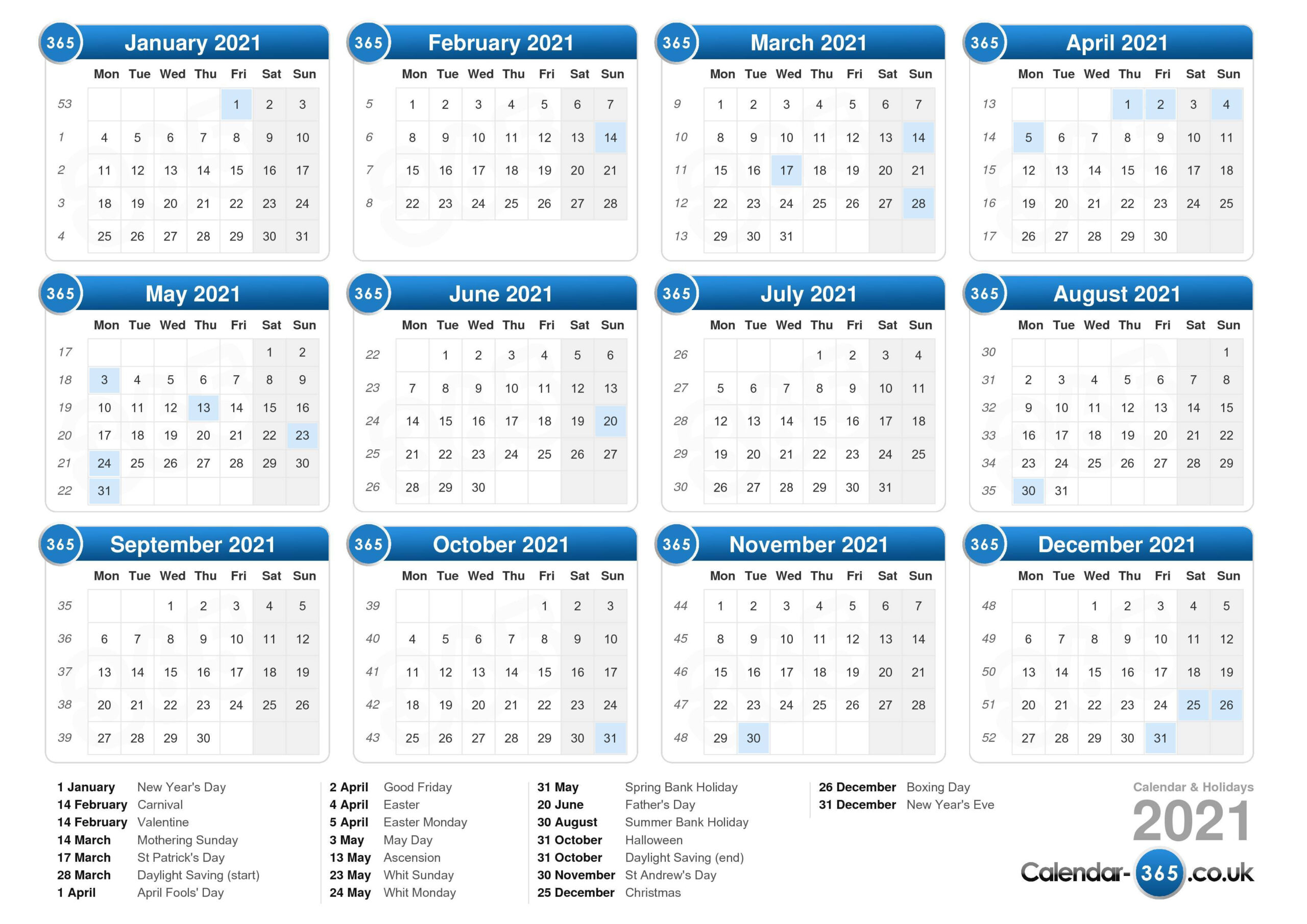 2021 Calendar Uk With Bank Holidays