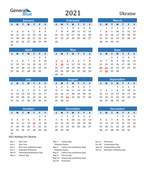 2021 Calendar - Ukraine With Holidays
