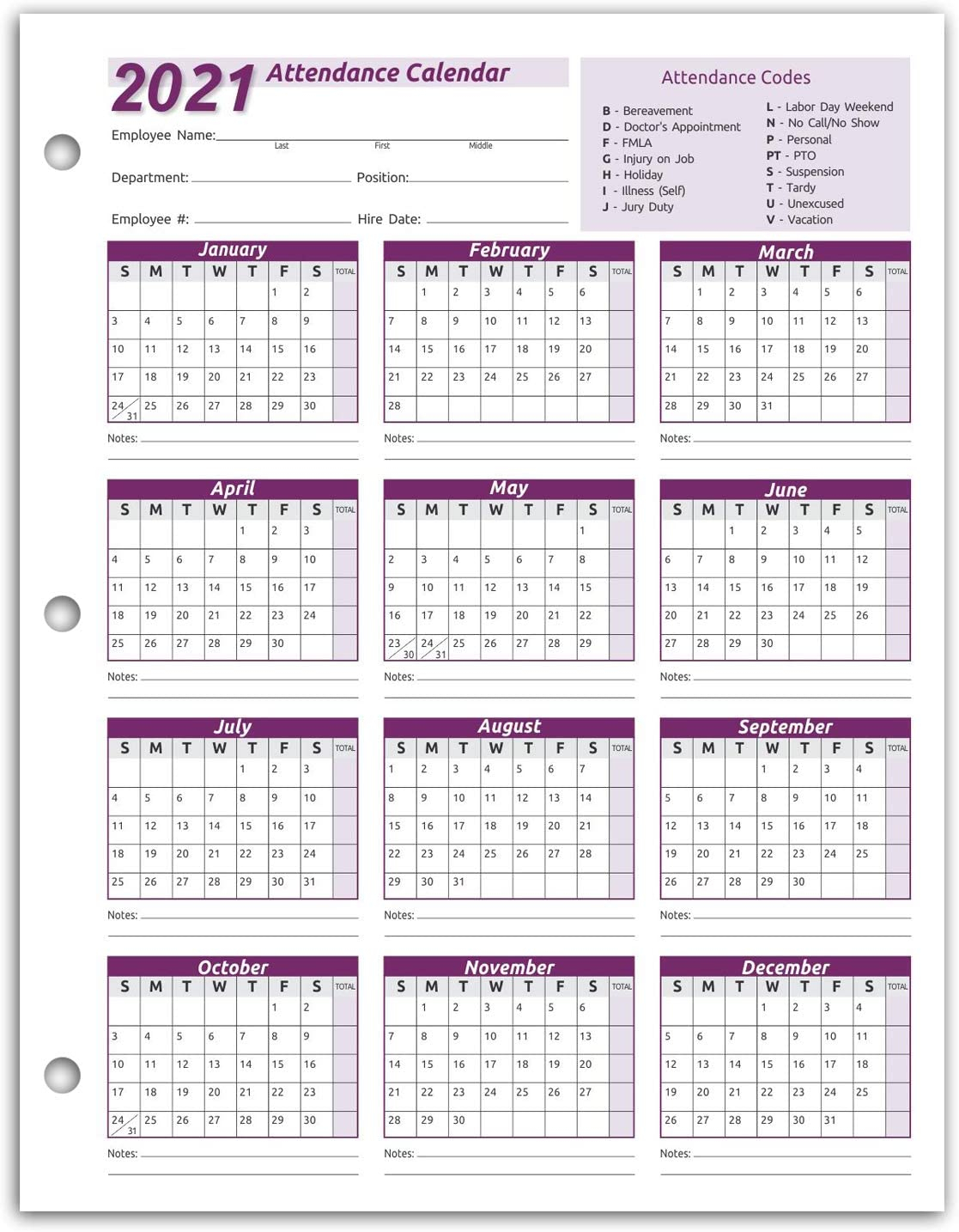 2021 Employee Attendance Calendar - Calendar 2021