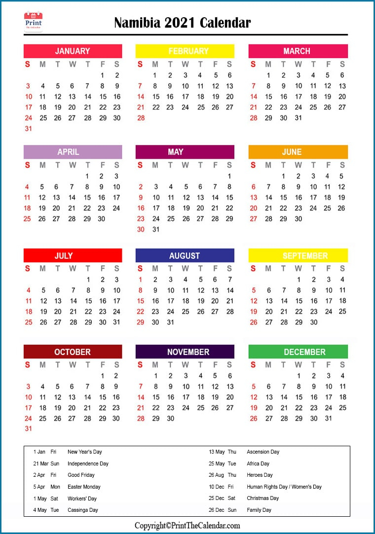 2021 Holiday Calendar Namibia | Namibia 2021 Holidays