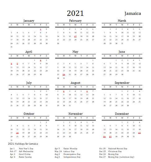 2021 Jamaica Calendar With Holidays - Allcalendar