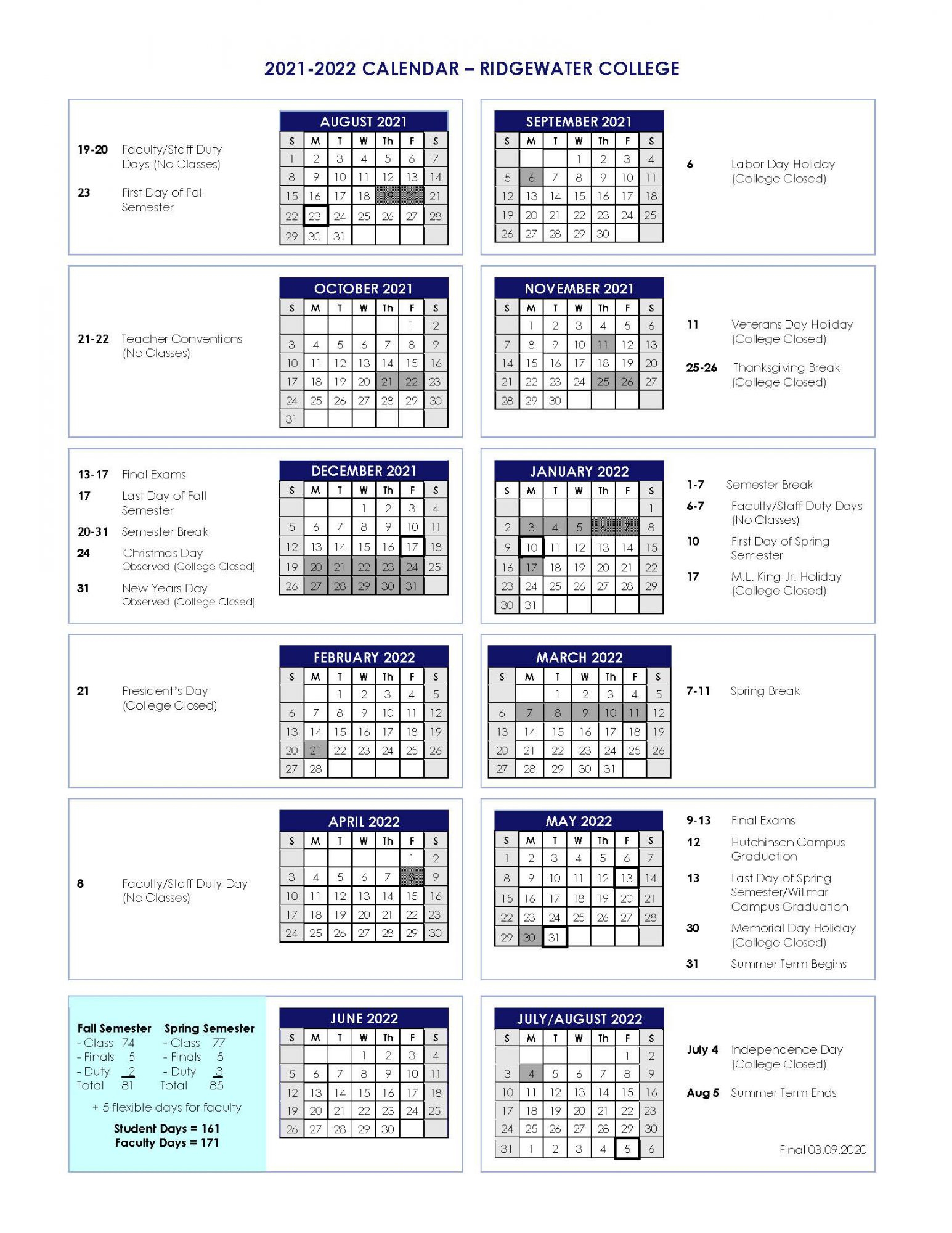 2022-2023 Academic Calendar - Ridgewater College