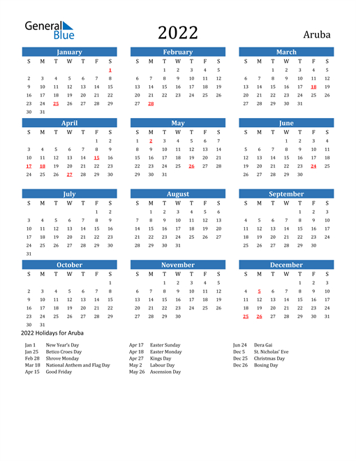 2022 Aruba Calendar With Holidays