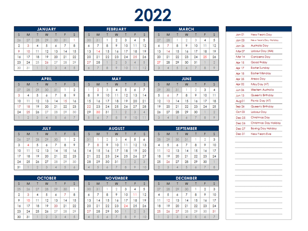 2022 Australia Annual Calendar With Holidays - Free