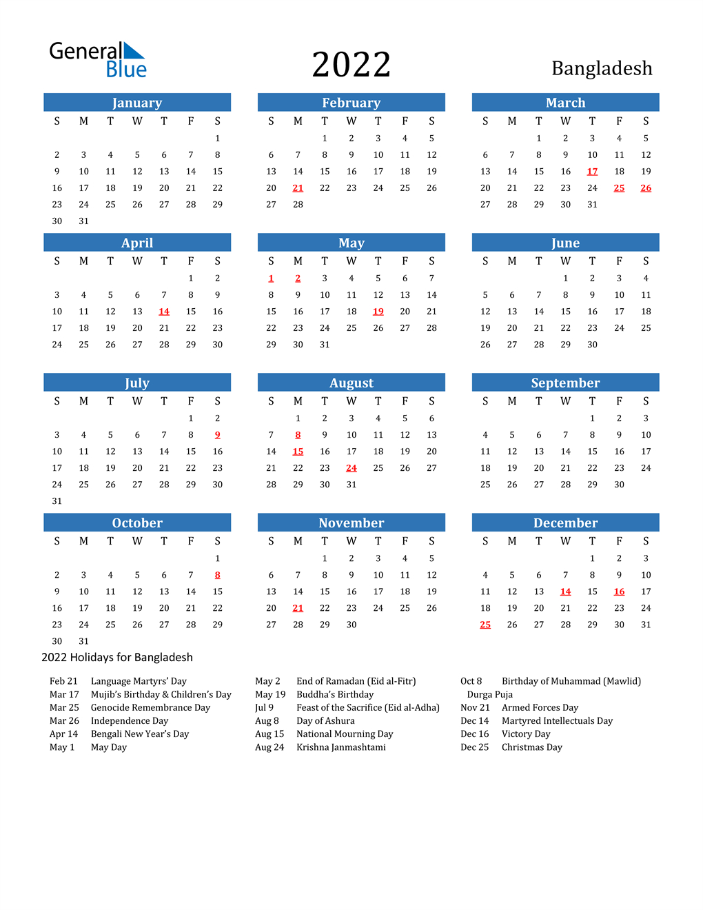 2022 Bangladesh Calendar With Holidays