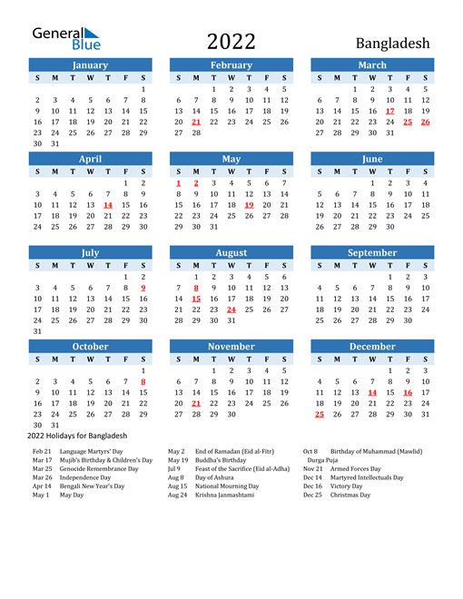 2022 Bangladesh Calendar With Holidays