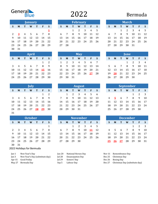 2022 Bermuda Calendar With Holidays