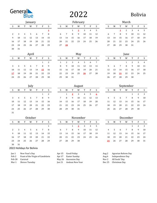 2022 Bolivia Calendar With Holidays