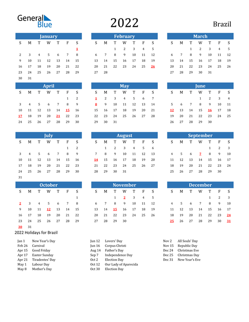 2022 Calendar - Brazil With Holidays