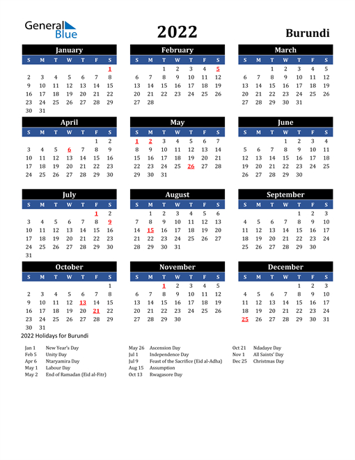 2022 Calendar - Burundi With Holidays