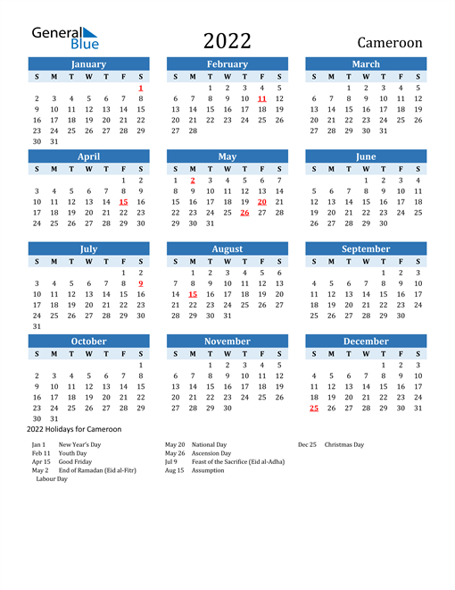 2022 Calendar - Cameroon With Holidays
