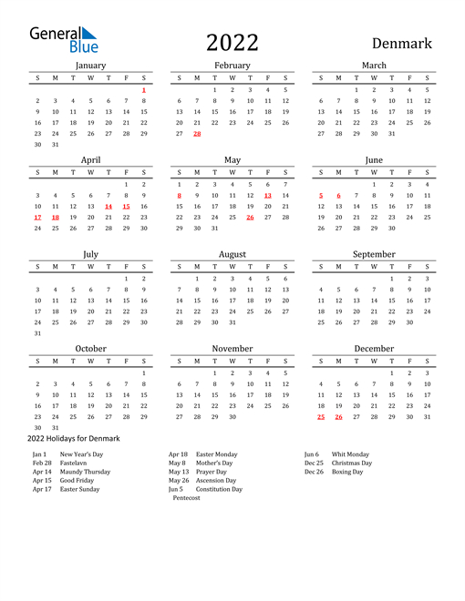 2022 Calendar - Denmark With Holidays