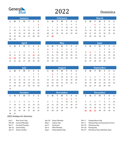 2022 Calendar - Dominica With Holidays