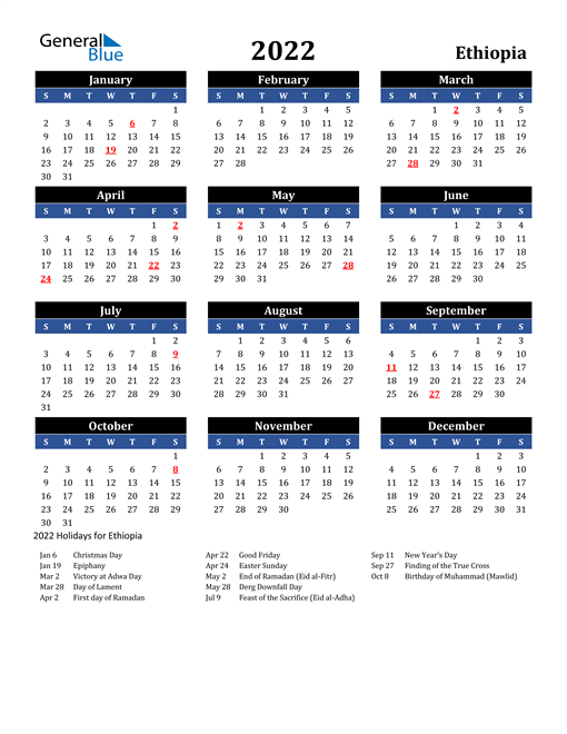 2022 Calendar - Ethiopia With Holidays