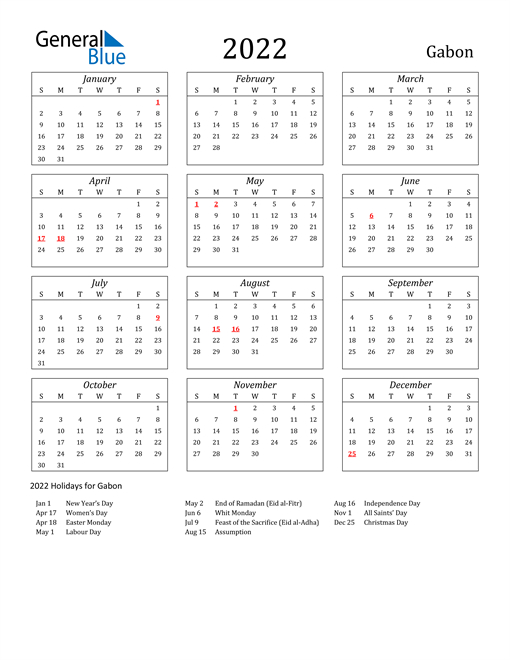 2022 Calendar - Gabon With Holidays