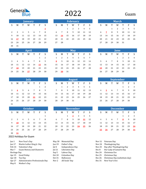 2022 Calendar - Guam With Holidays