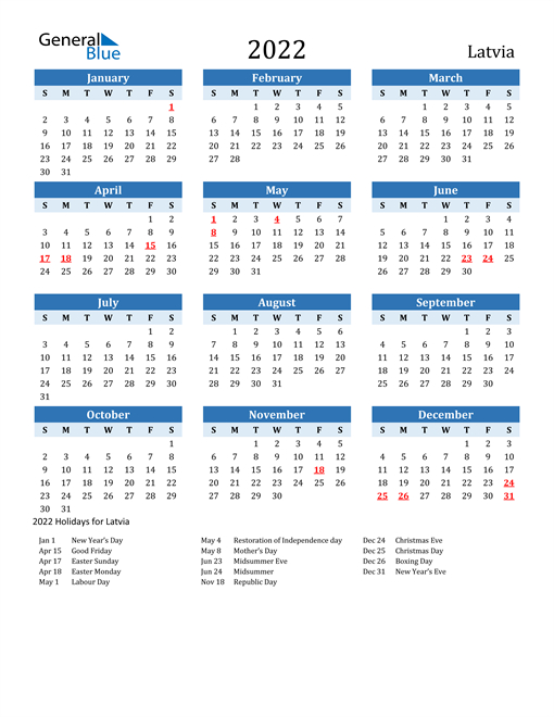 2022 Calendar - Latvia With Holidays
