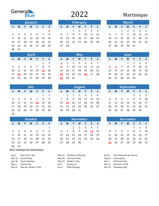 2022 Calendar - Martinique With Holidays
