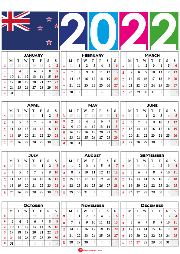 2022 Calendar New Zealand With Holidays And Weeks Numbers