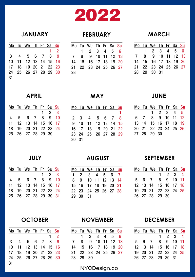 2022 Calendar Printable Free, Blue - Monday Start