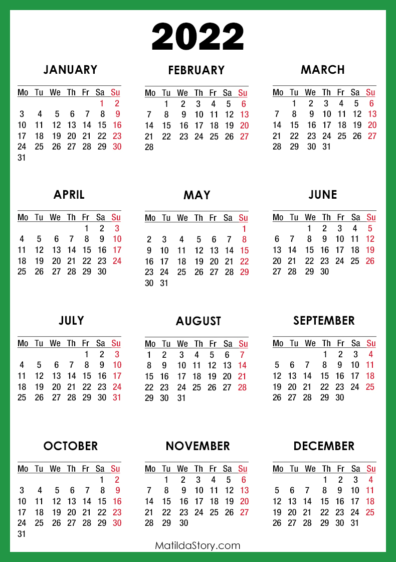2022 Calendar Printable Free, Green - Monday Start
