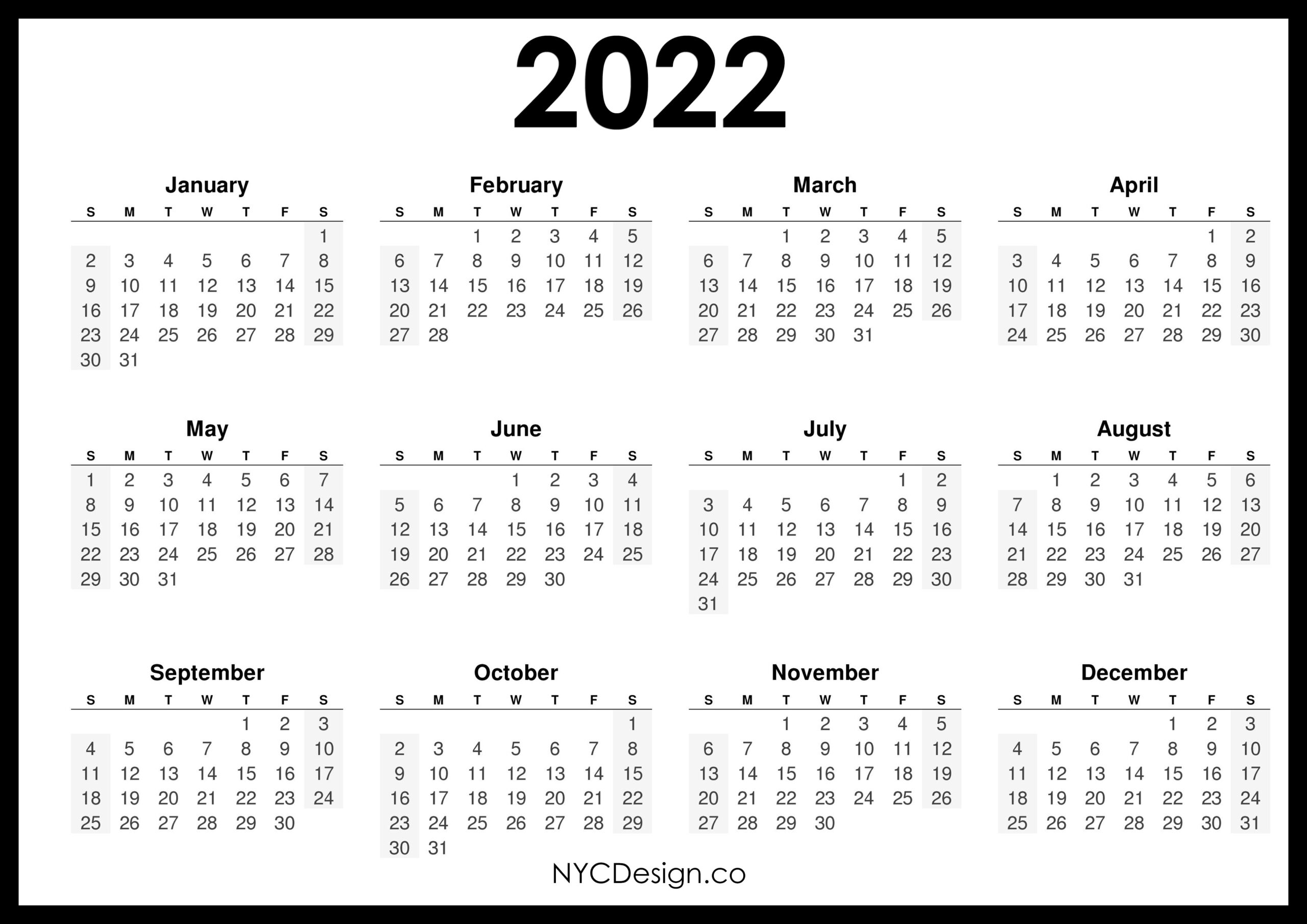 2022 Calendar Printable Free, Horizontal, Black, Hd