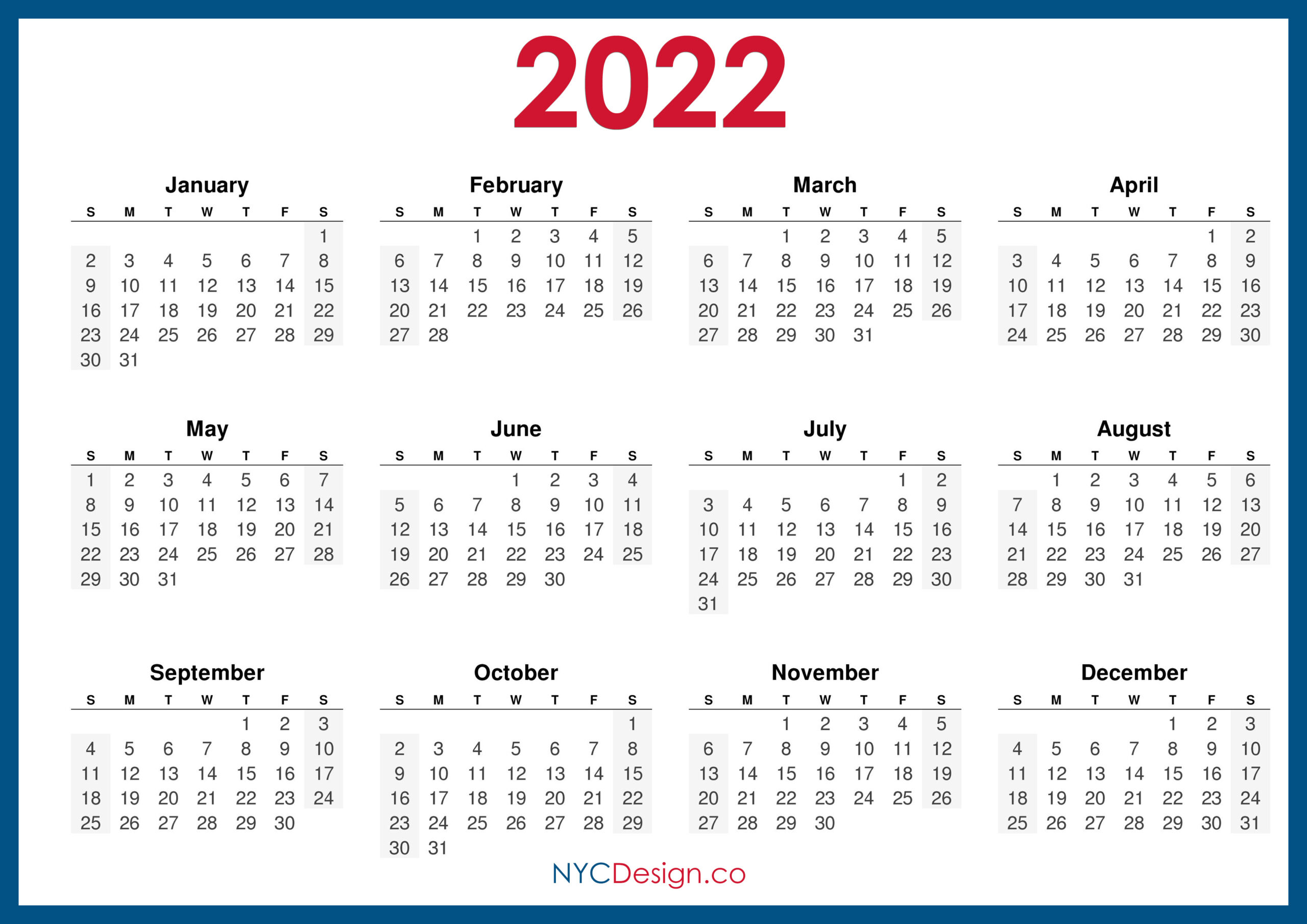2022 Calendar Printable Free, Horizontal, Blue, Hd