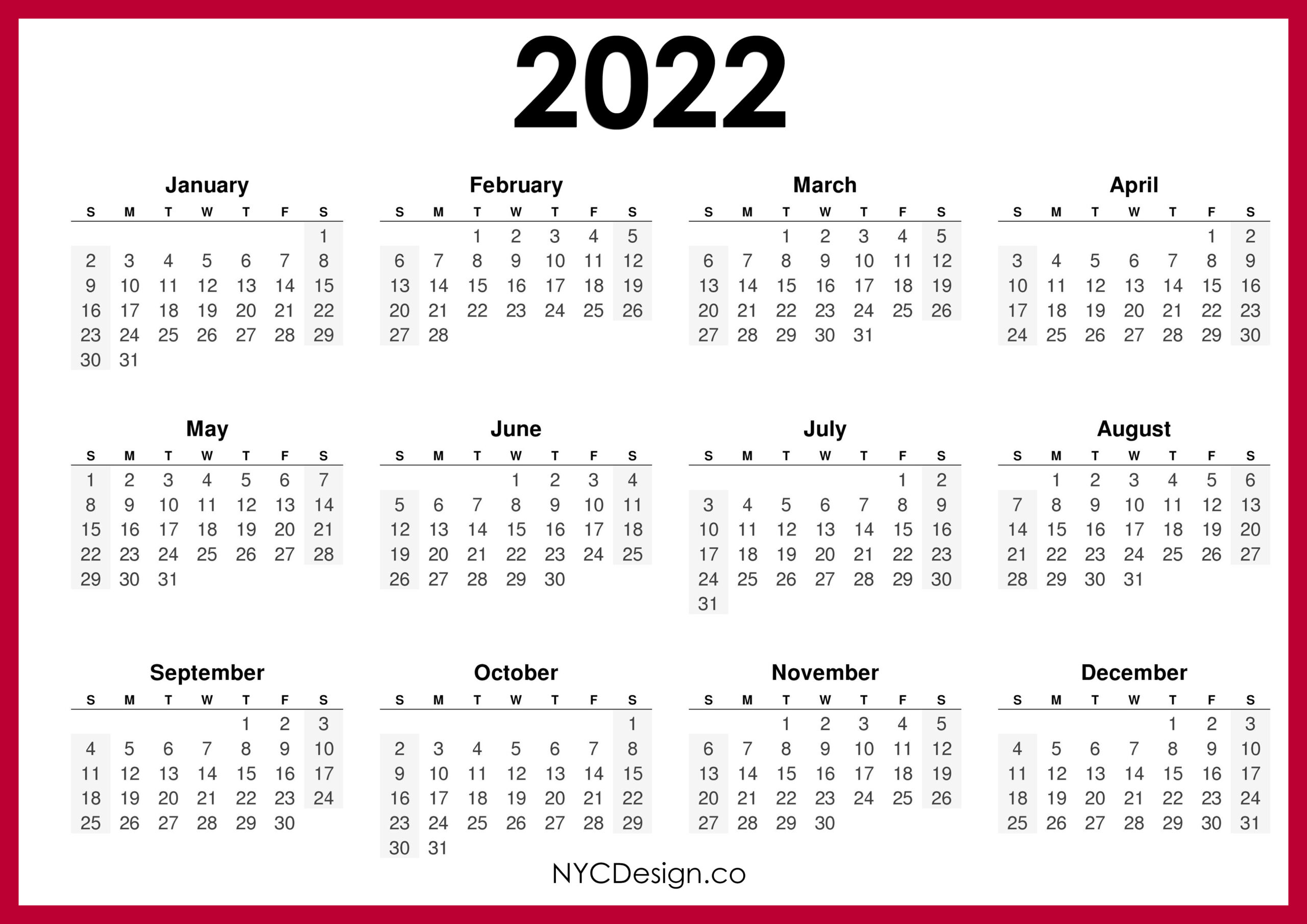 2022 Calendar Printable Free, Horizontal, Red, Hd - Sunday