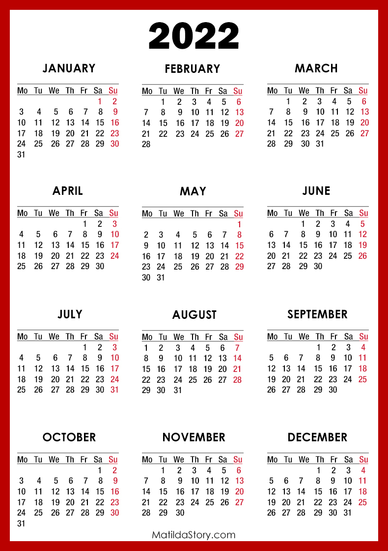 2022 Calendar Printable Free, Red - Monday Start