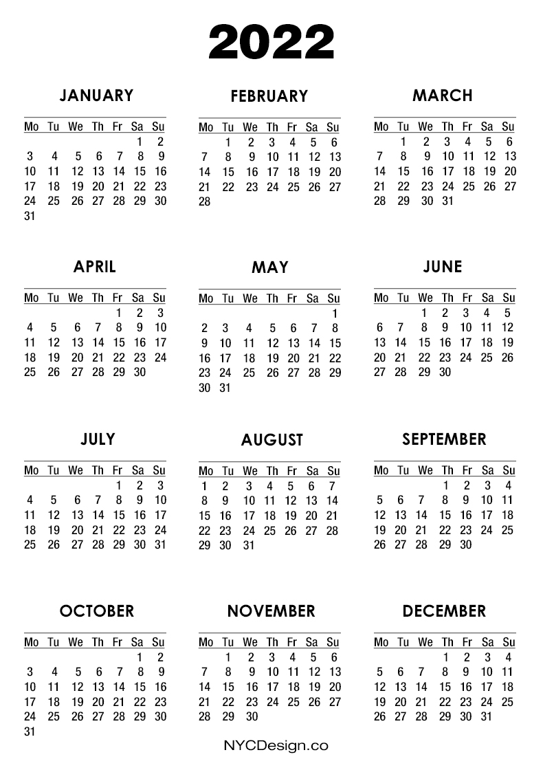 2022 Calendar Printable Free, White - Monday Start