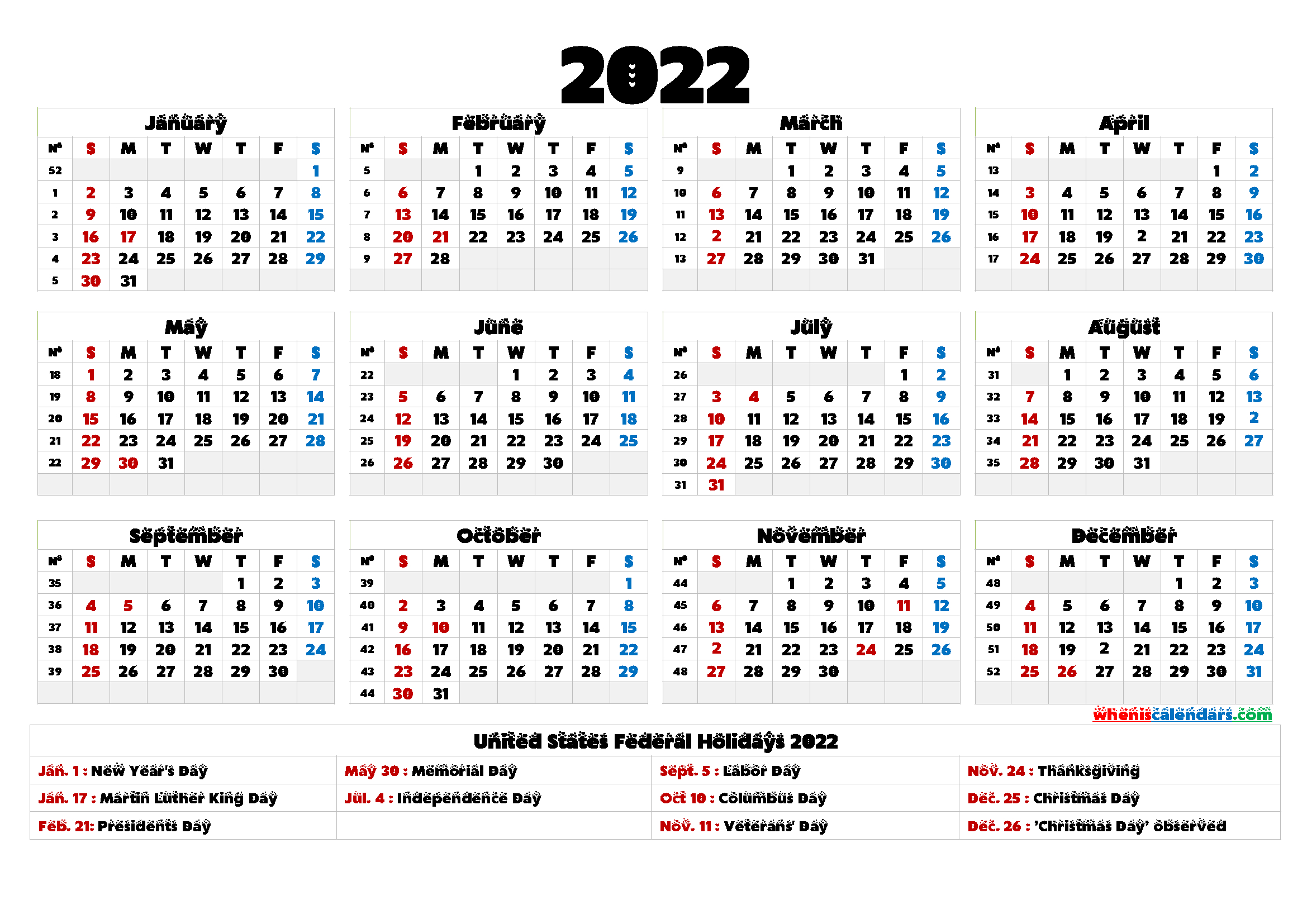 2022 Calendar Printable One Page - 9 Templates