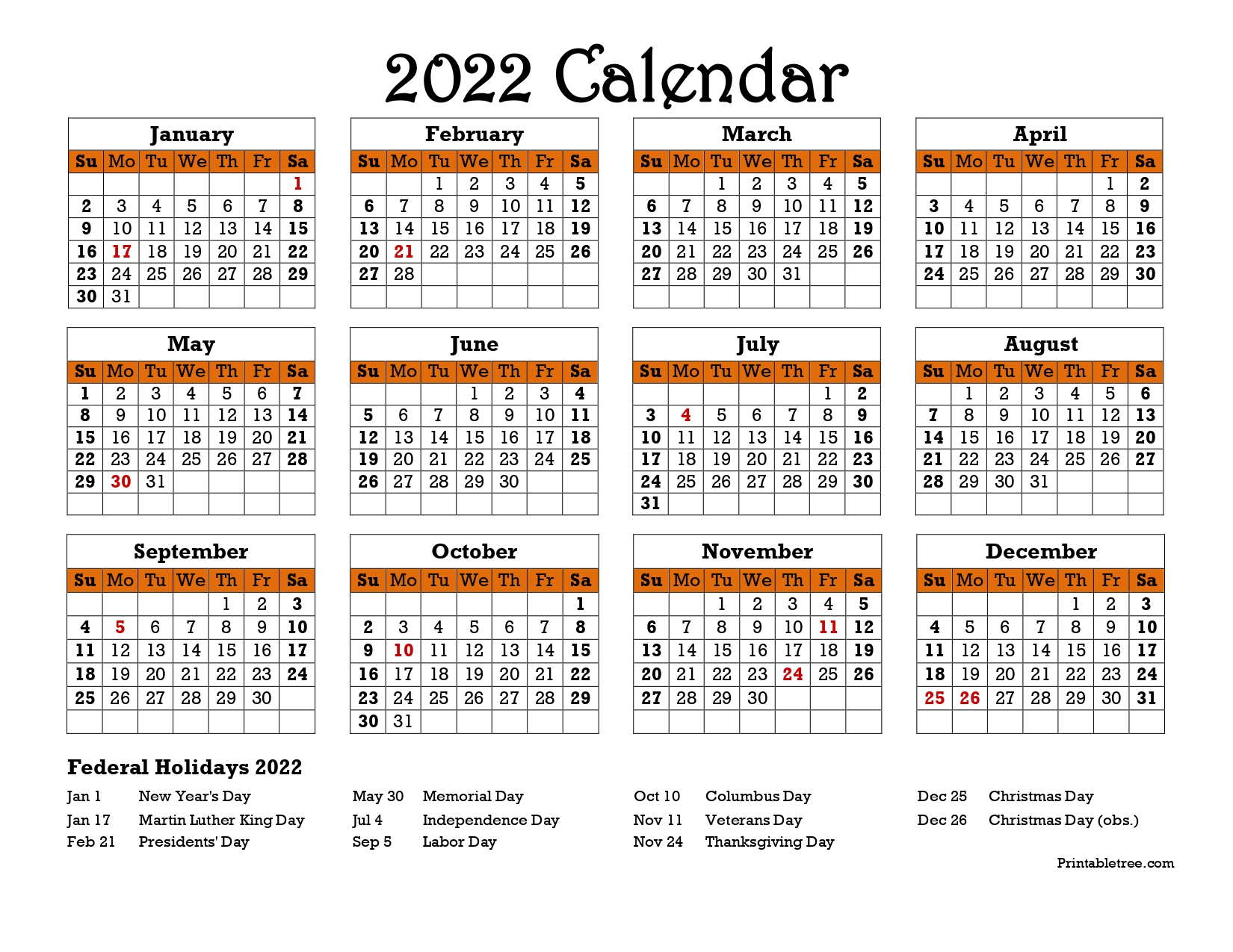 2022 Calendar Printable One Page / Free Download Printable