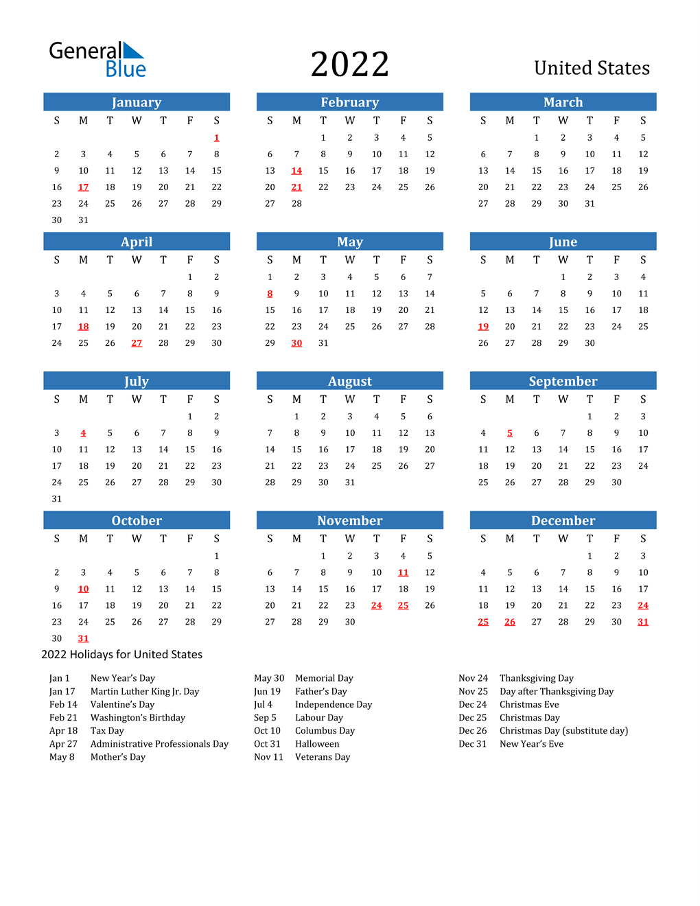 2022 Calendar Printable One Page / Free Printable