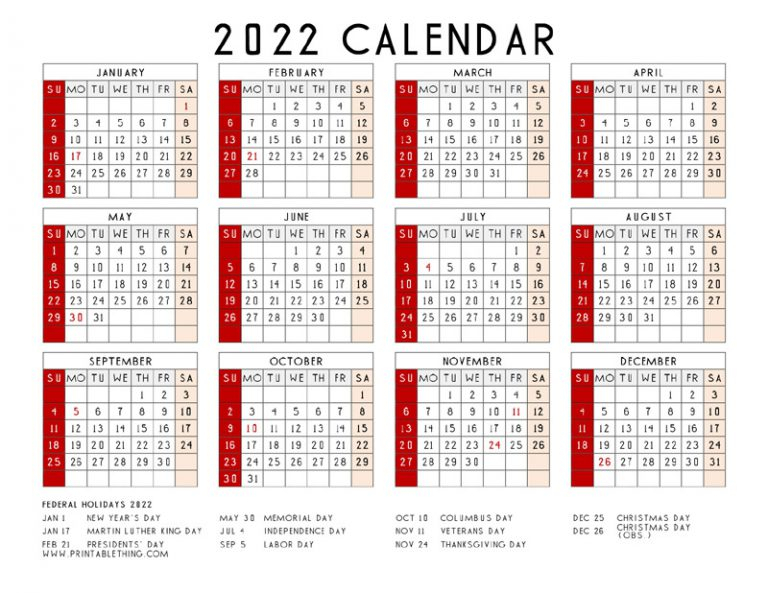 2022 Calendar Printable Pdf, 2022 Calendar Printable One