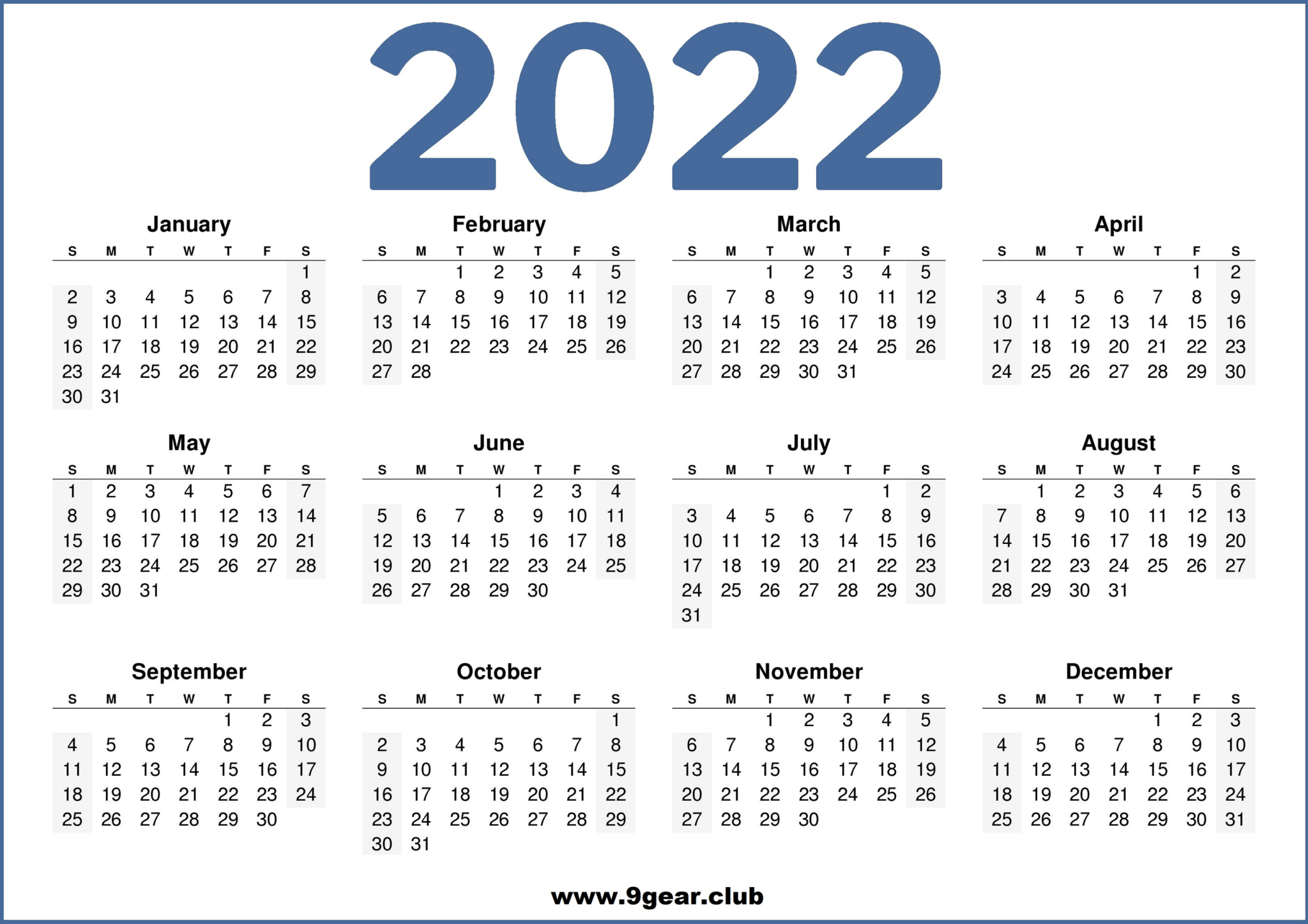 2022 Calendar Printable Us Blue White - Printable