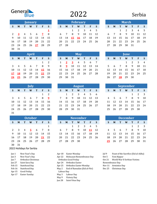 2022 Calendar - Serbia With Holidays
