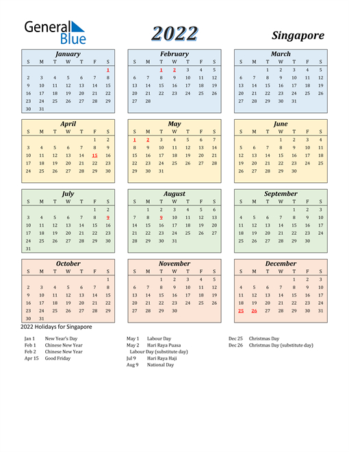 2022 Calendar - Singapore With Holidays